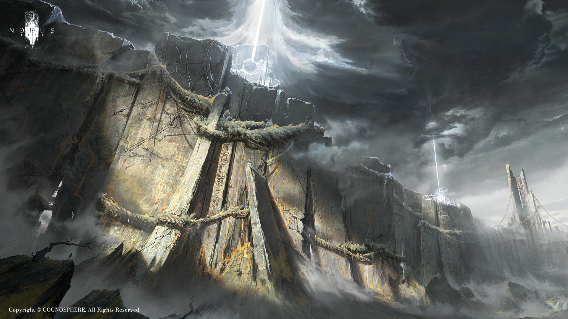 Nodusfall Mythic Fragments artwork showing a monumental cliffside fortress under a shaft of light