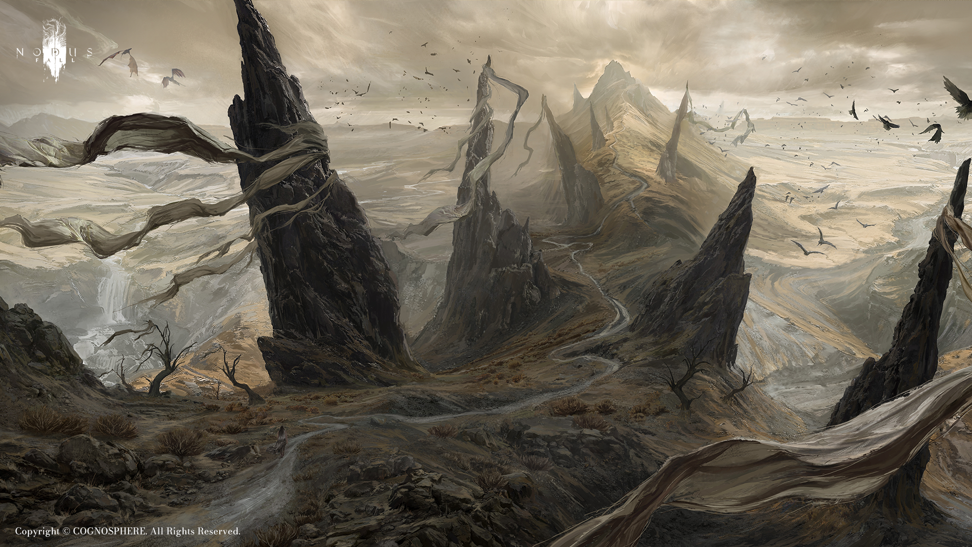 Nodusfall Mythic Fragments artwork showing jagged stone spires in a pale desert landscape