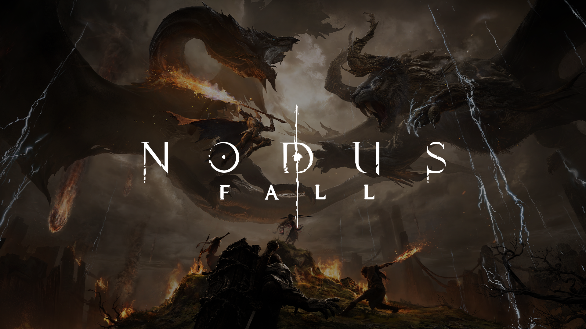 Nodusfall official combat art showing unnamed fighters facing large dragon-like creatures